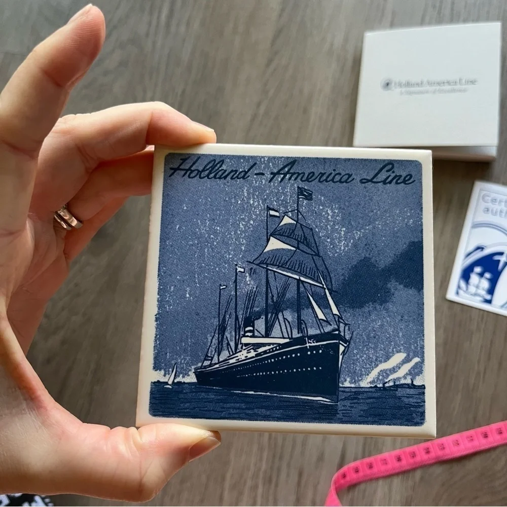 Vintage Holland America Line Ceramic & Cork Beverage Coaster Sail Ship w/ Box
